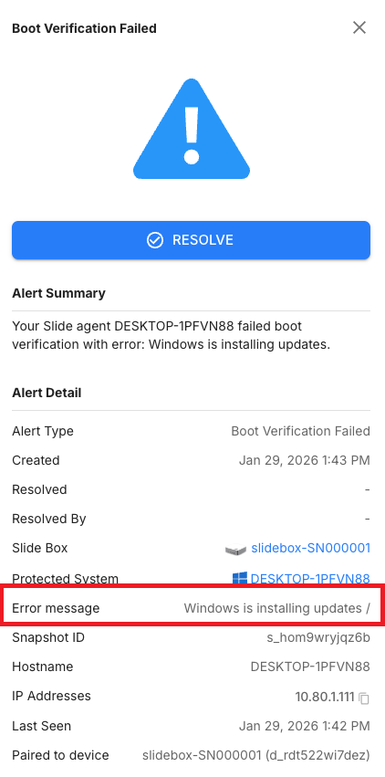 Slide alerts, backup failed