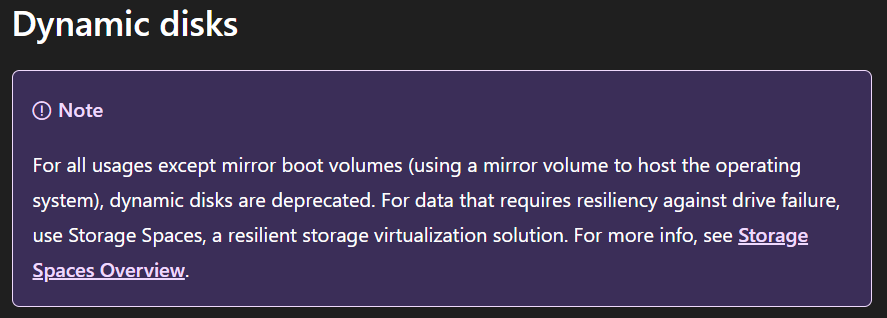 Microsoft Statement on Deprecation of Dynamic Disks