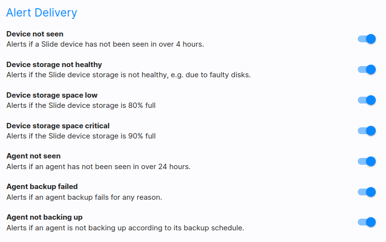 Slide account, alert delivery configuration