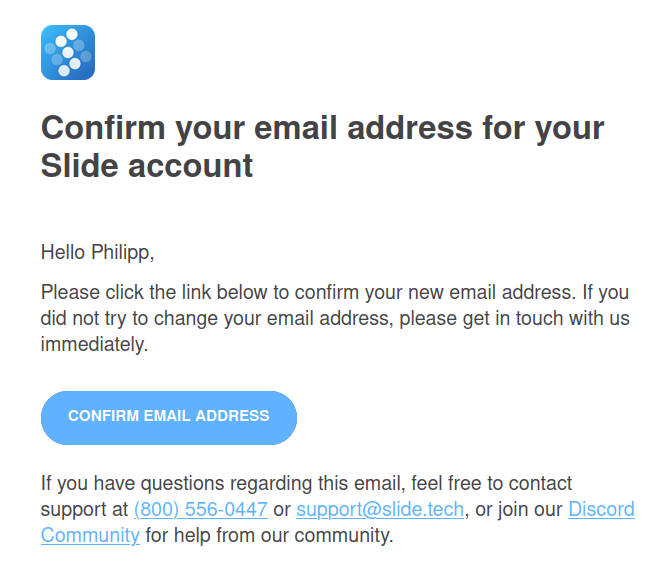 Slide account, email confirmation