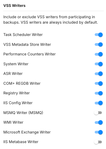 Slide Agent settings, VSS writers