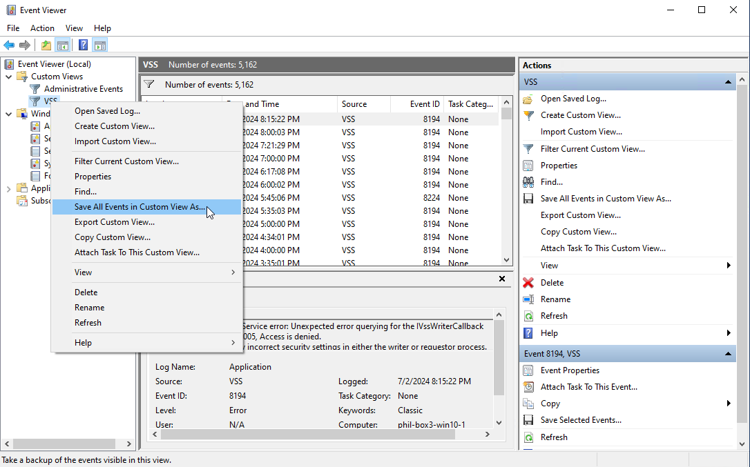 Slide backups, Exporting events from Windows Event Viewer, step 3