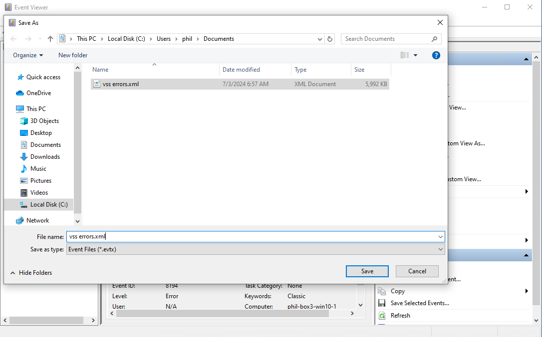 Slide backups, Exporting events from Windows Event Viewer, step 4