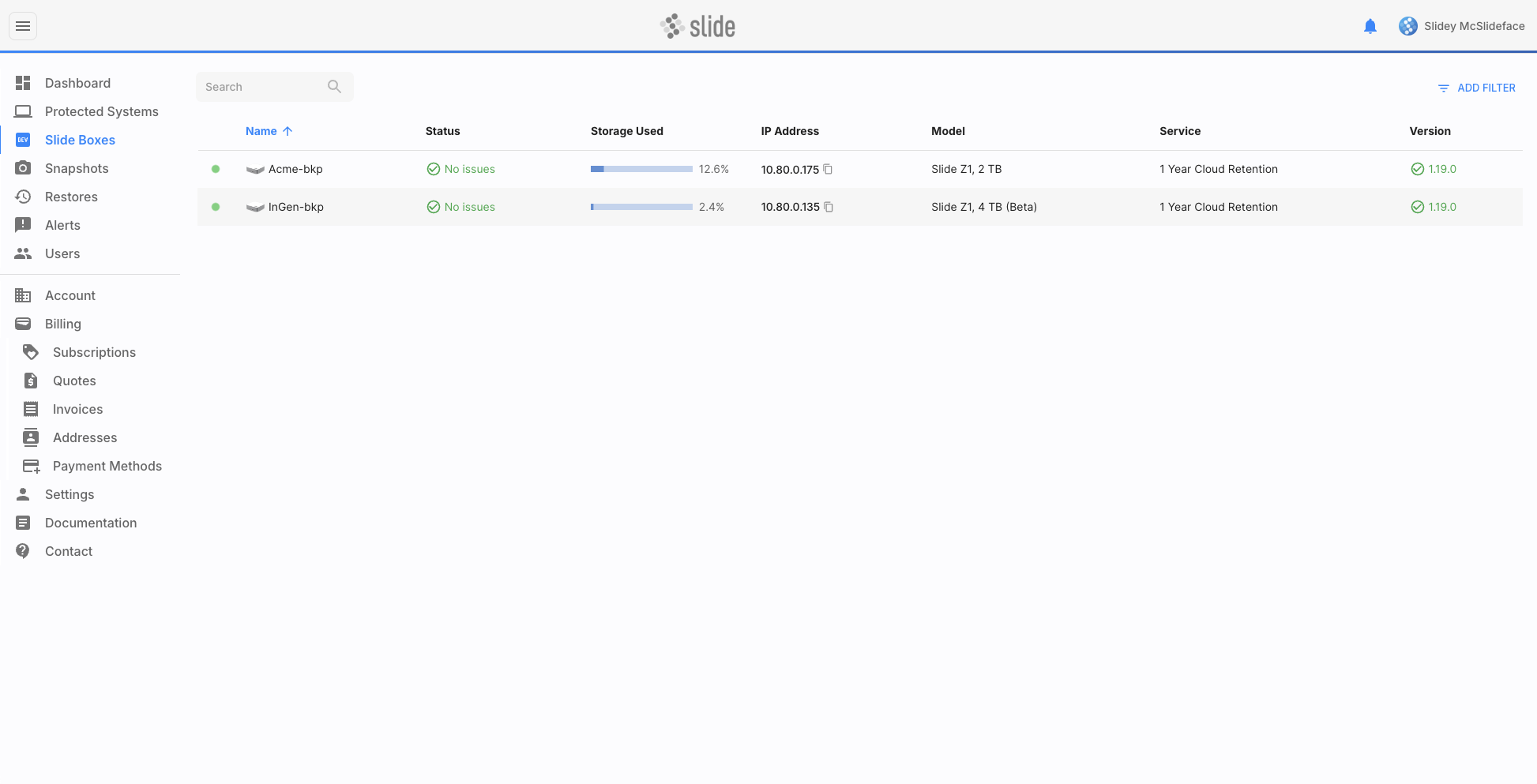 Boxes overview screen, showing green connection indicator