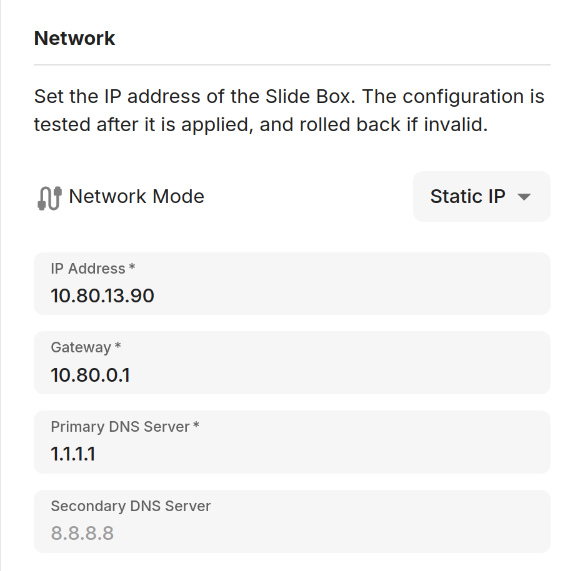 Slide Box Static IP address