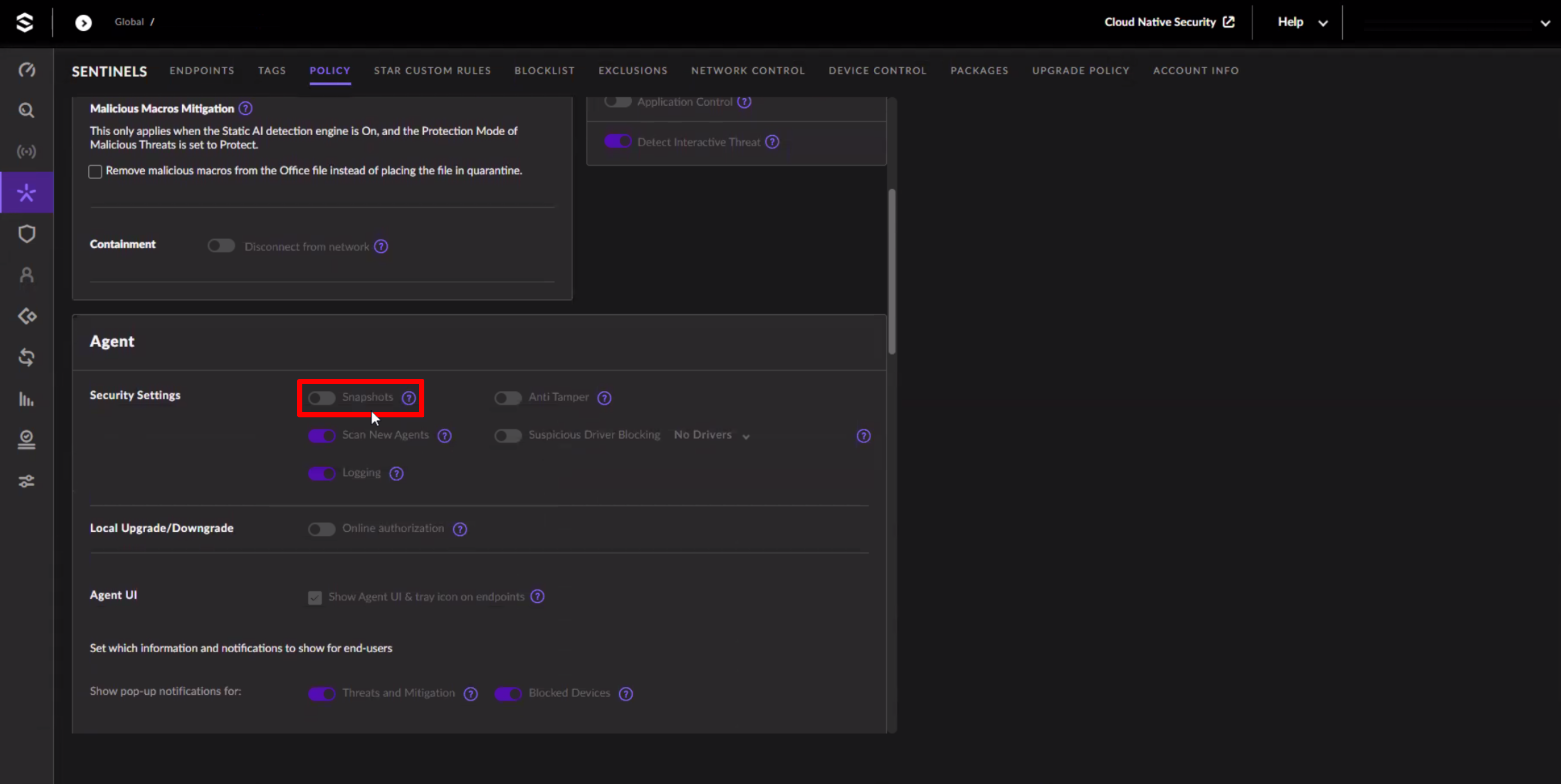SentinelOne Disable Snapshots