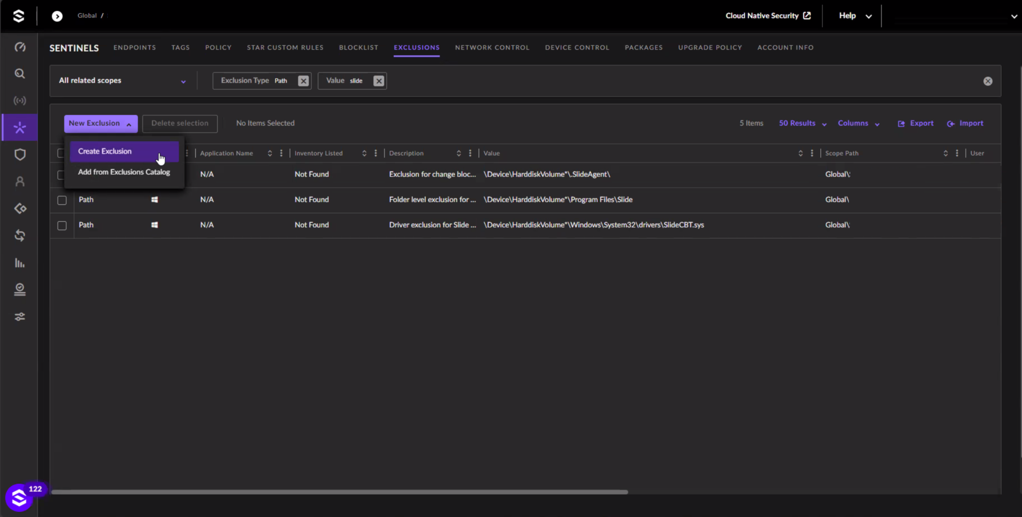 SentinelOne Exclusions by Path