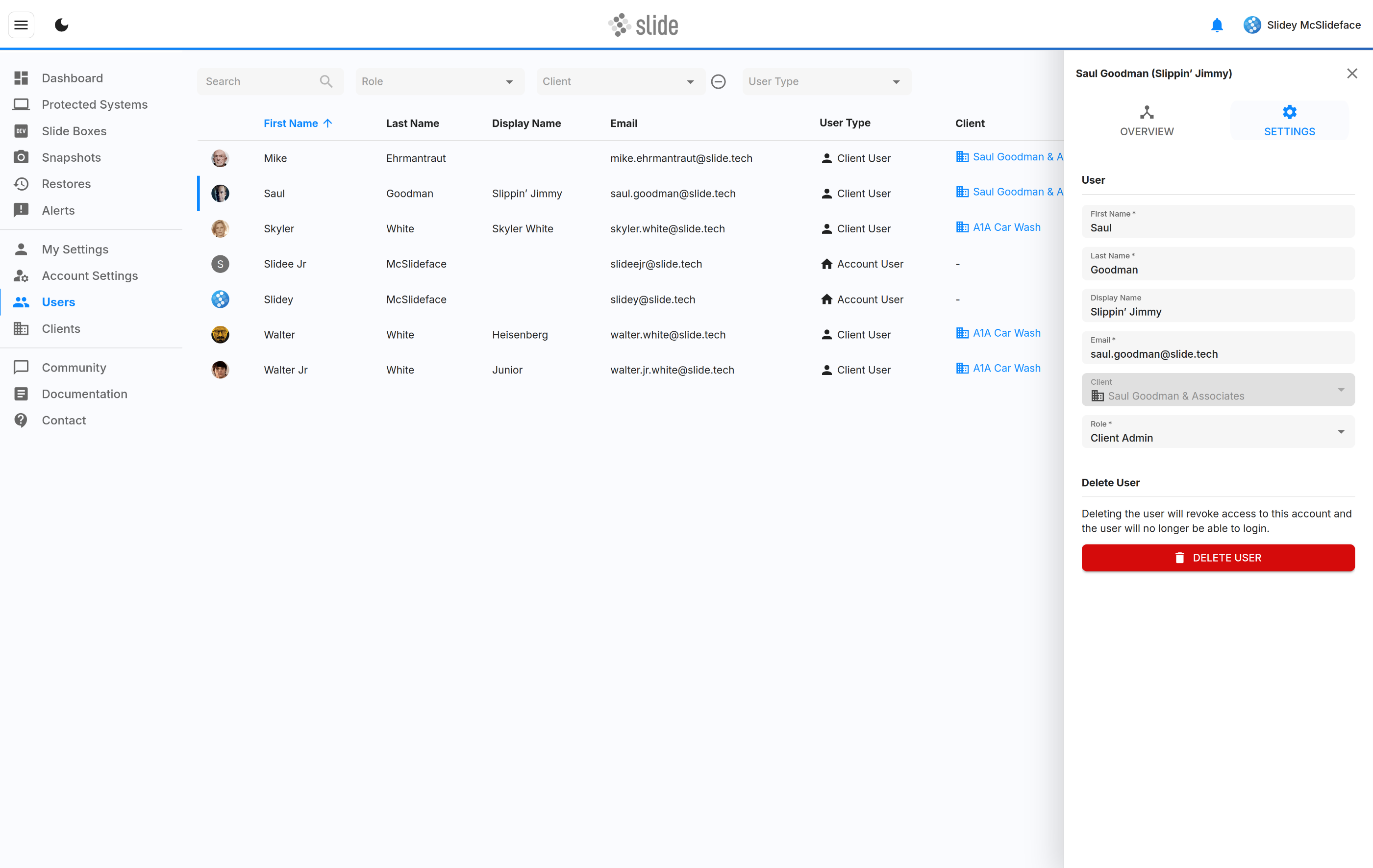 Edit user sidebar